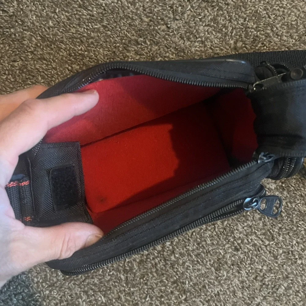 Black Camera Bag With Shoulder Strap Dual Top Zipper Red Interior